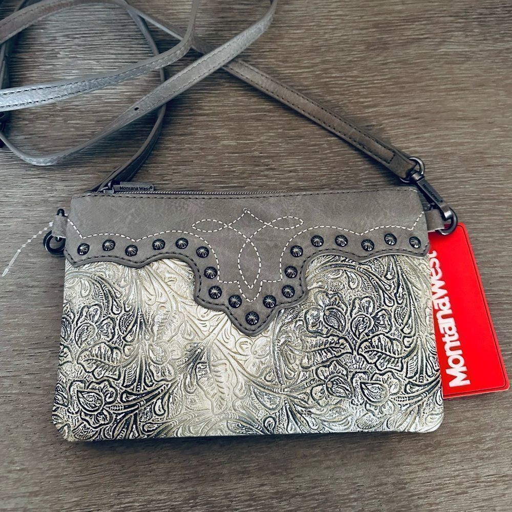 Montana West Gray Cream Tooled Crossbody Purse Bag